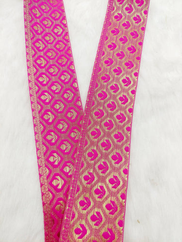 Jacquard Saree Border, Fuchsia Pink And Gold Woven Thread Work Trim, Jacquard Trimming Decorative Trim